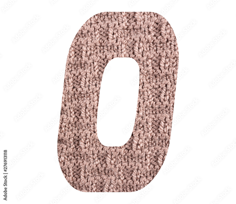 Number 0,Zero with hand knitted back side texture on white background Number 0,Zero with hand knitted back side texture on white background