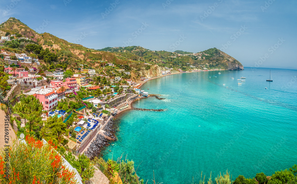 Landscape with Sant Angelo village and Maronti beach, coast of Ischia, Italy 