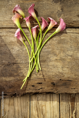 nine calla flowers on old wooden background mockup