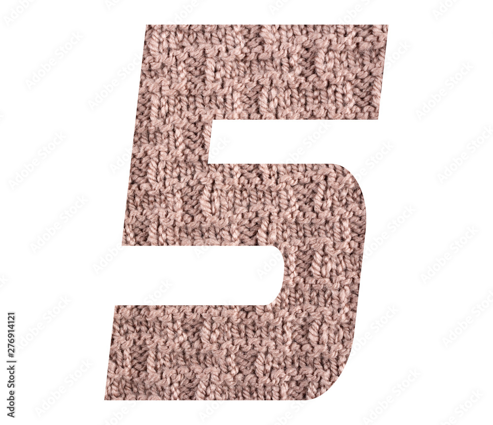 Number 5,Five with hand knitted back side texture on white background Number 5,Five with hand knitted back side texture on white background