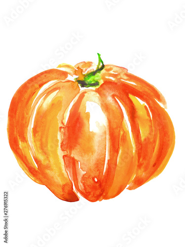 Pumpkin watercolor on white isolated background. Postcard, logo, card. Element for your design. Halloween pumpkin, tomato and for other design. Art illustration.