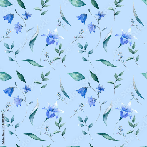 Watercolor seamless pattern with flowers and herbs