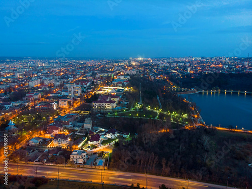 Aerial drone view of valea morilor park and lake in chisinau