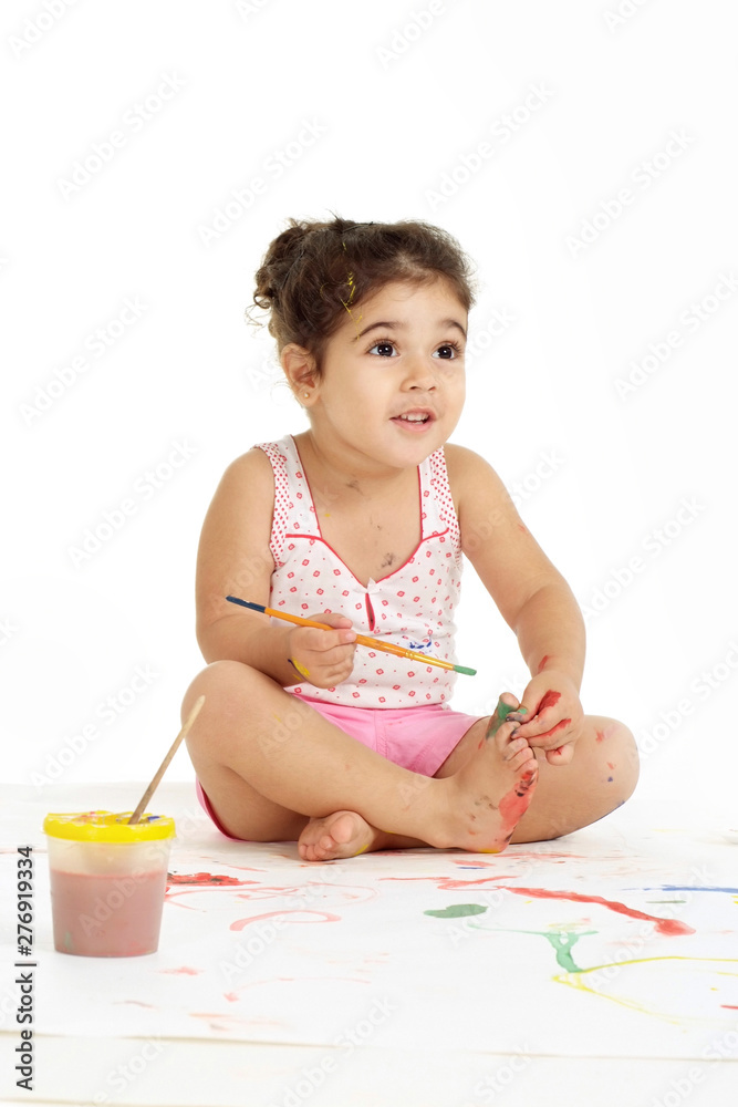 Sweet young girl painting picture on white background Sweet young girl painting picture on white background