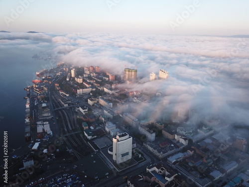 Vladivostok sunrise foggy city center