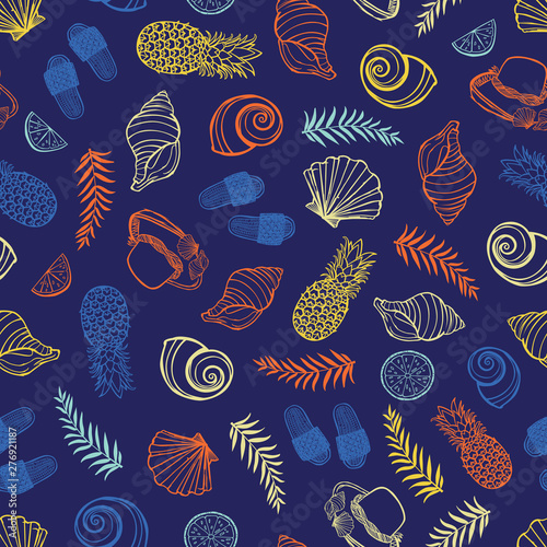 Vector dark blue tropical beach pattern with seashells, pinapples and hats. Perfect for fabric, scrapbooking, wallpaper projects. photo