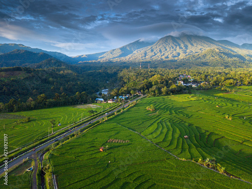 road in the mountain line which is above the green and wide rice fields is taken using sunshine in the tropical weather when it will sunset in bengkulu, indonesia