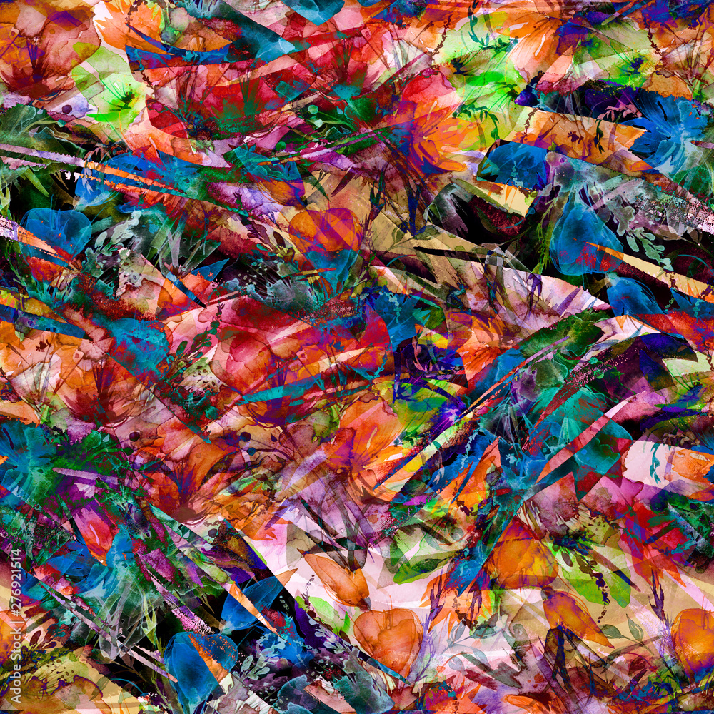 Fototapeta premium Seamless Pattern of wild flowers on a branch in watercolor. Bud, branch, petal, bouquet of flowers,tulip, poppy, iris, wild herbs. For textiles, wallpaper. Abstract, fashionable pattern.Abstract paint