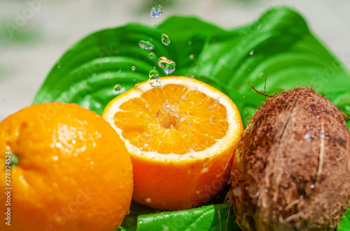 Fototapeta Naklejka Na Ścianę i Meble -  Oranges, coconut on a green leaf with dew drops. Fresh fruits, healthy eating