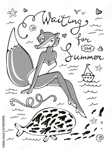 Waiting for the summer. Sexy fox character in swimming suit and hand lettering photo