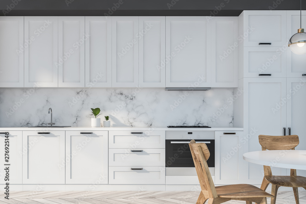 White and marble kitchen with table - obrazy, fototapety, plakaty 