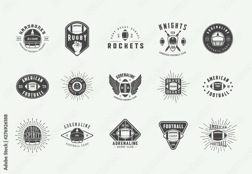 Set of vintage rugby and american football labels, emblems, badges and logo. Vector illustration.