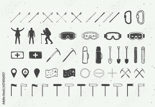 Set of vintage camping outdoor and adventure elements. Can be used logos, badges, labels, emblems, marks and design elements. Graphic Art. Vector Illustration.