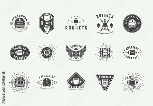 Set of vintage rugby and american football labels, emblems, badges and logo. Vector illustration.