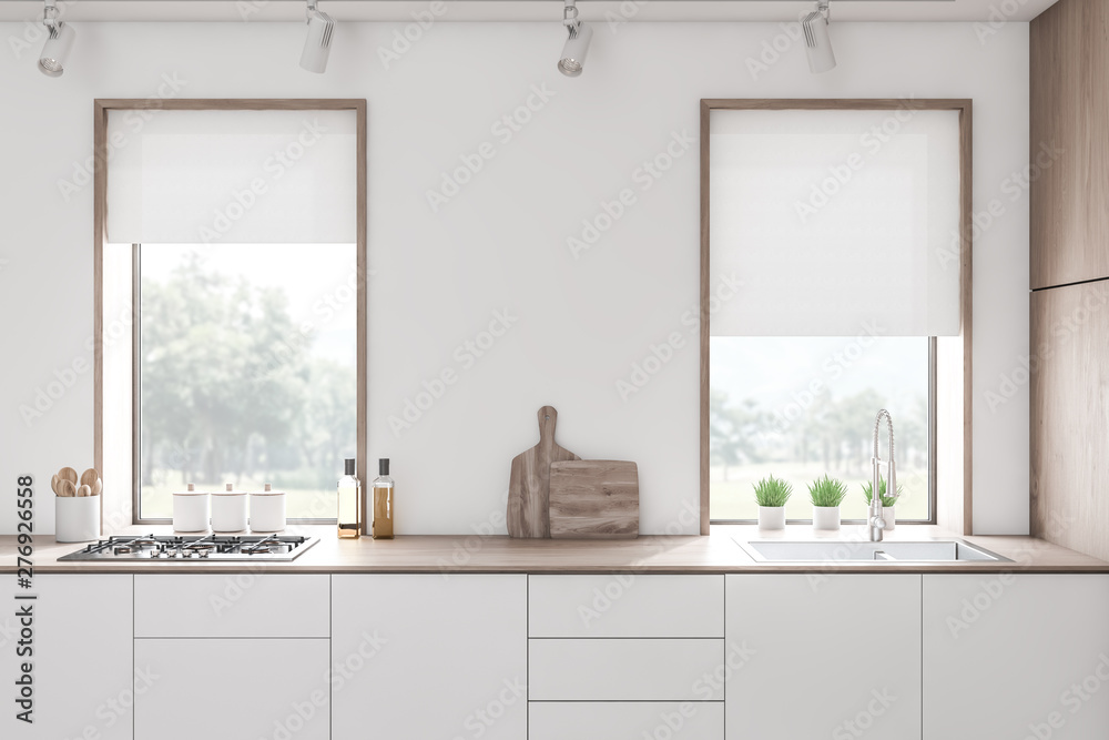 White kitchen countertops in loft room - obrazy, fototapety, plakaty 