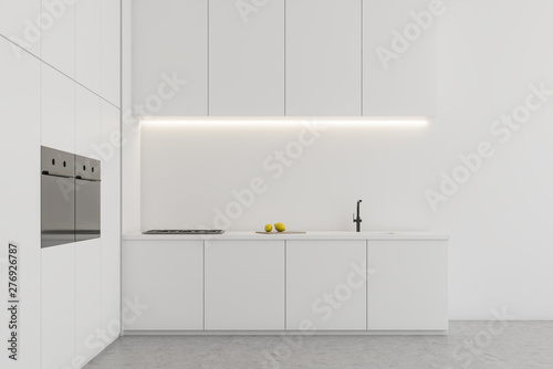 Minimalistic white kitchen interior, countertops