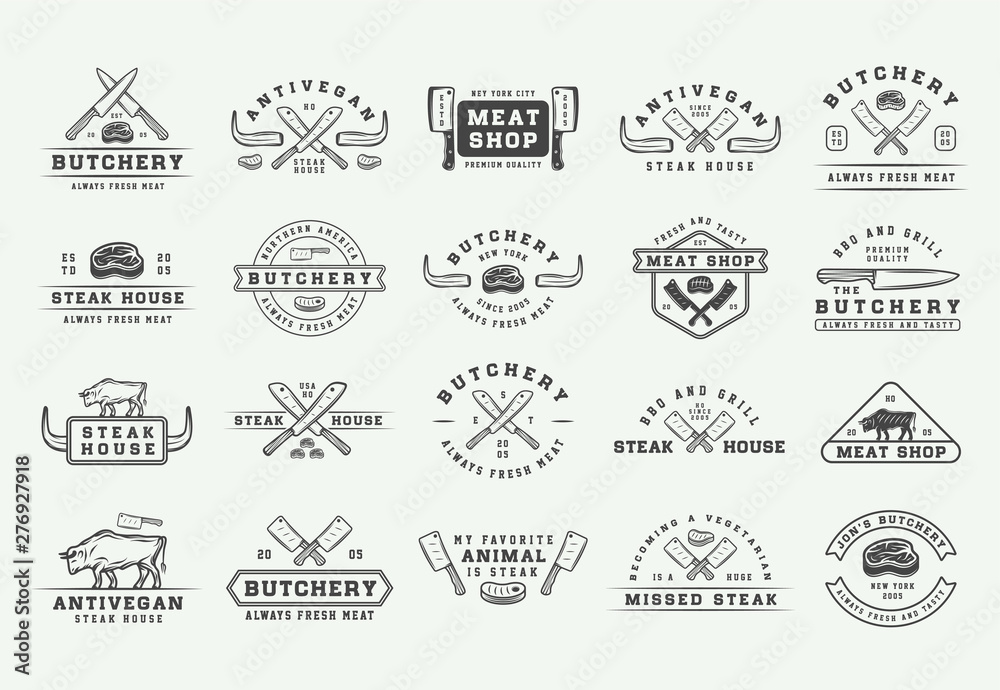 Set of vintage butchery meat, steak or bbq logos, emblems, badges, labels. Graphic Art. Illustration. Vector - Vector