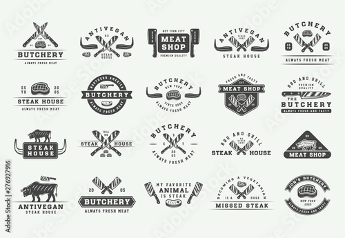Set of vintage butchery meat, steak or bbq logos, emblems, badges, labels. Graphic Art. Illustration. Vector