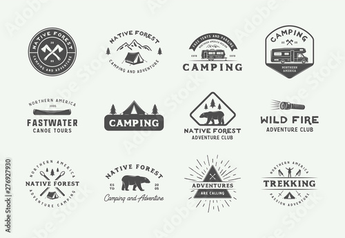 Set of vintage camping outdoor and adventure logos, badges, labels, emblems, marks and design elements. Graphic Art. Vector Illustration.