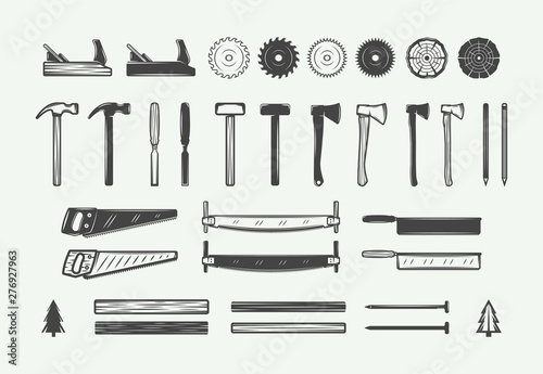 Set of vintage carpentry, woodwork design elements. Can be used for labels, badges, emblems and logo. Vector illustration. Monochrome Graphic Art.
