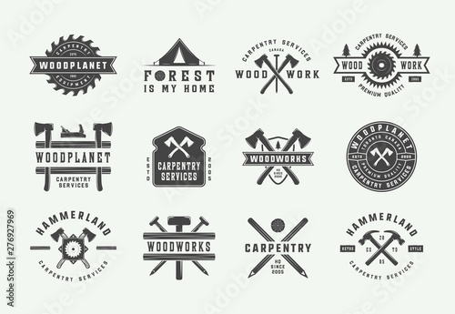 Set of vintage carpentry, woodwork and mechanic labels, badges, emblems and logo. Vector illustration. Monochrome Graphic Art.