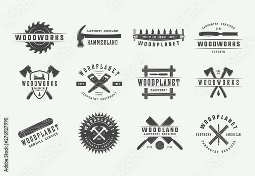 Set of vintage carpentry, woodwork and mechanic labels, badges, emblems and logo. Vector illustration. Monochrome Graphic Art.