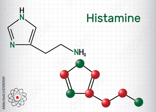 Histamine molecule. It is amine, nitrogenous compound, stimulant of gastric secretion, vasodilator, and centrally acting neurotransmitter. Sheet of paper in a cage.
