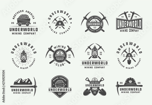 Set of retro mining or construction logos, badges, emblems and labels in vintage style. Monochrome Graphic Art. Vector Illustration. photo