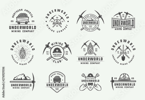 Set of retro mining or construction logos, badges, emblems and labels in vintage style. Monochrome Graphic Art. Vector Illustration.