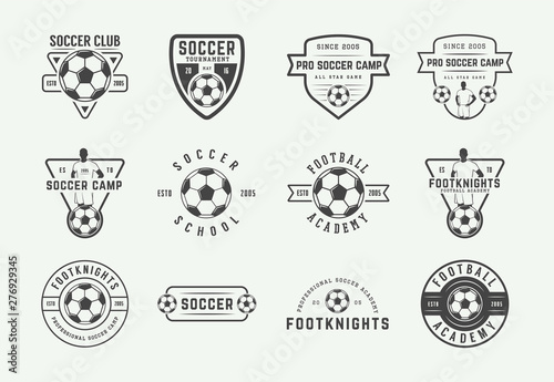 Set of vintage soccer or football logo, emblem, badge. Vector illustration. Graphic Art.