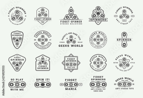 Set of vintage fidget spinners logos, emblems, badges and motivational posters. Monochrome Graphic Art. Vector Illustration.