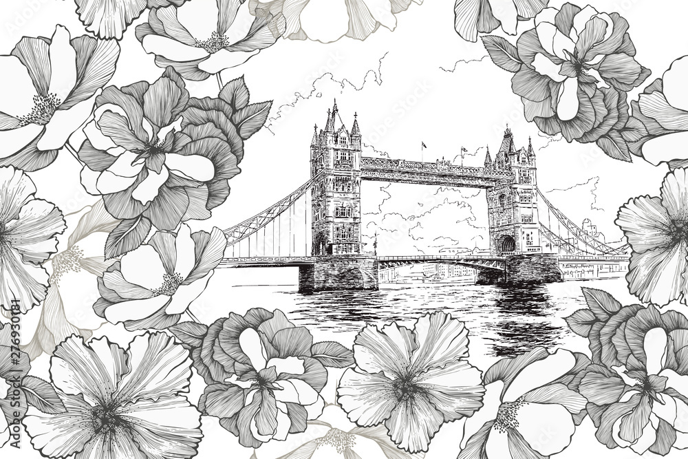 custom made wallpaper toronto digitalTower Bridge in London with roses and hibiscuses, seamless pattern. Hand-drawn, vector illustration