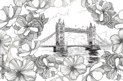 Wallpaper Mural Tower Bridge in London with roses and hibiscuses, seamless pattern. Hand-drawn, vector illustration Torontodigital.ca