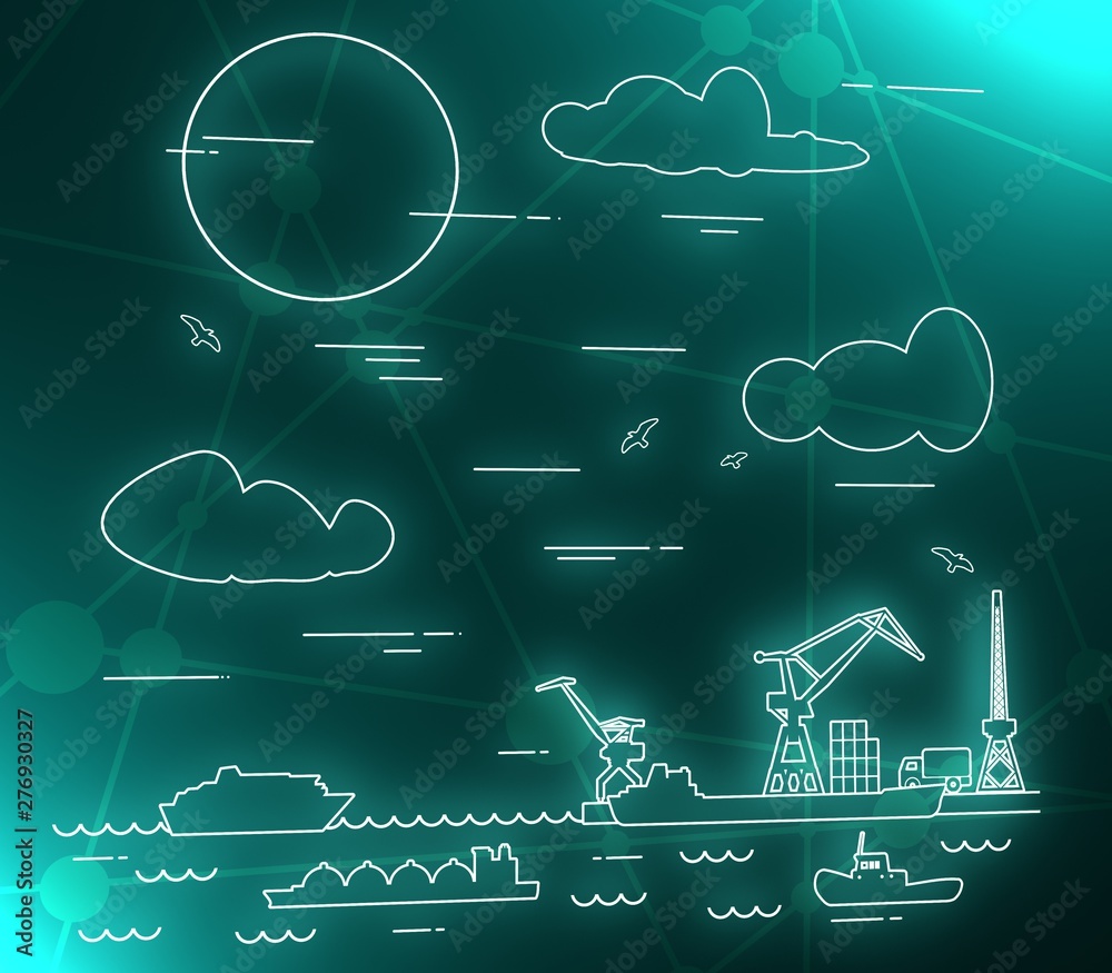 Sea port, marine cargo terminal, freight vessels or ships carrying containers drawn with contour lines. Maritime transportation. Illustration in linear style. Neon bulb illumination. 3D rendering Sea port, marine cargo terminal, freight vessels or ships carrying containers drawn with contour lines. Maritime transportation. Illustration in linear style. Neon bulb illumination. 3D rendering