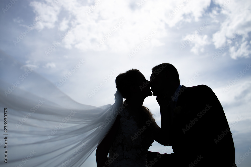 Wedding kiss silhouette under blue sky