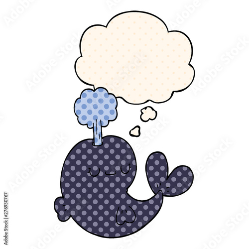 cute cartoon whale and thought bubble in comic book style