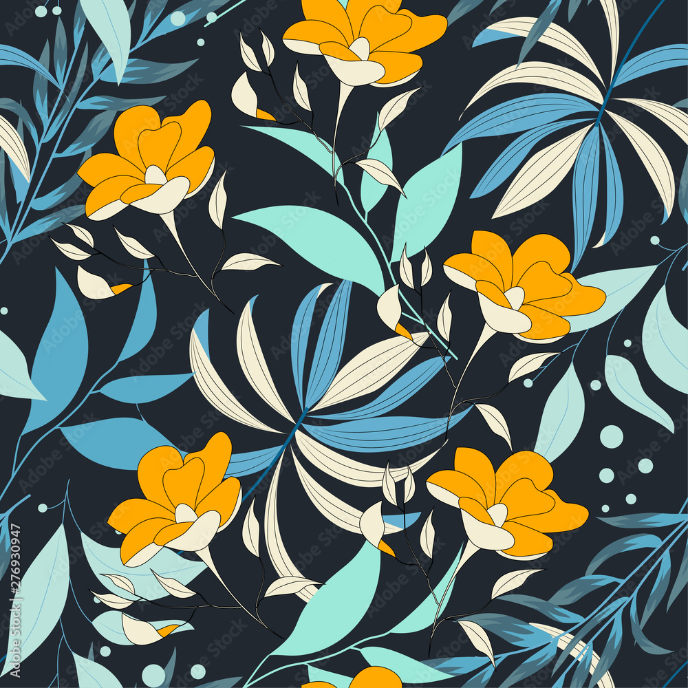 Trending bright seamless pattern with colorful tropical leaves and plants on a dark background. Vector design. Jungle print. Floral background. Printing and textiles. Exotic tropics. Fresh design.