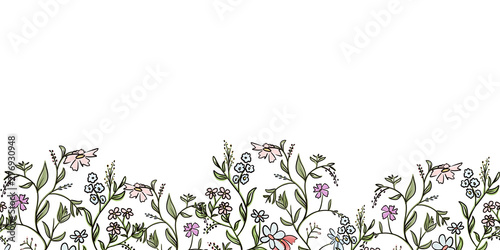 Digital hand drawn sketch illustration seamless pattern border with floral elements isolated on white