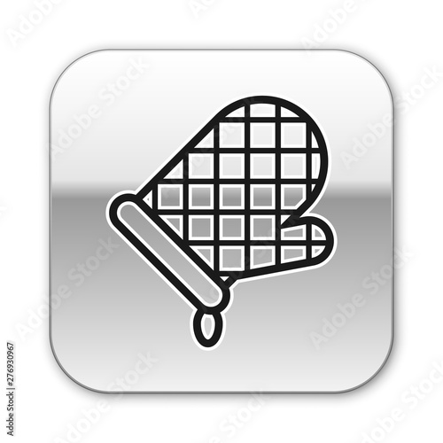 Black Oven glove icon isolated on white background. Kitchen potholder sign. Cooking glove. Silver square button. Vector Illustration