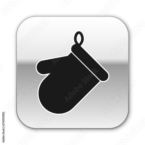 Black Oven glove icon isolated on white background. Kitchen potholder sign. Cooking glove. Silver square button. Vector Illustration