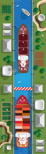 The gateway. A device for raising and lowering boats. View from above. Vector illustration.