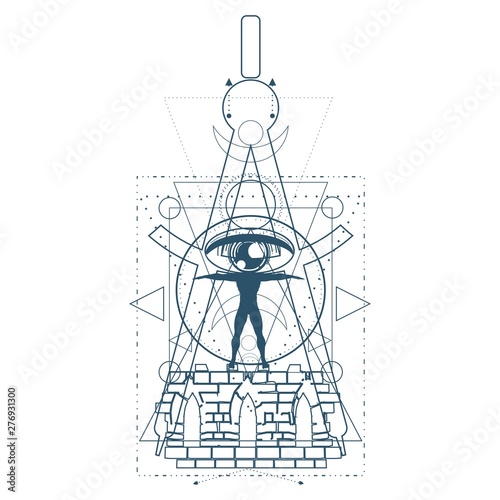 Mystical geometry symbol. Linear alchemy, occult, philosophical sign. For music album cover, poster, sacramental design. Astrology and religion concept.