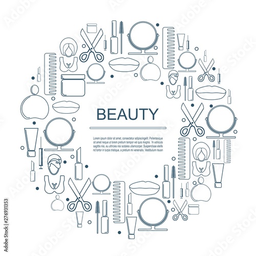Cosmetology and fashion concept. Vector template for presentation. Circle frame with thin line icons.