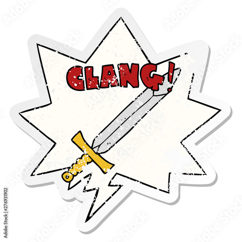 cartoon clanging sword and speech bubble distressed sticker