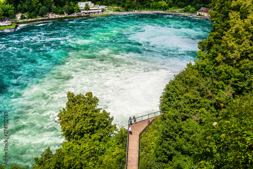 A beautiful waterfall on the river Rhine in the city Neuhausen am Rheinfall in northern Switzerland.