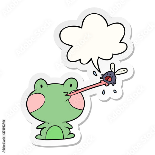 cute cartoon frog catching fly and tongue and speech bubble sticker