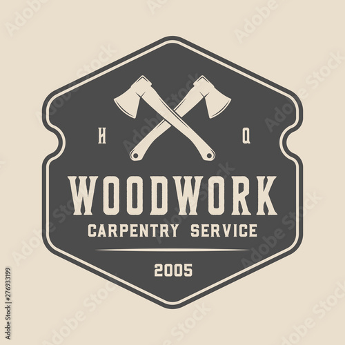 Vintage carpentry, woodwork and mechanic label, badge, emblem and logo. Vector illustration. Monochrome Graphic Art.