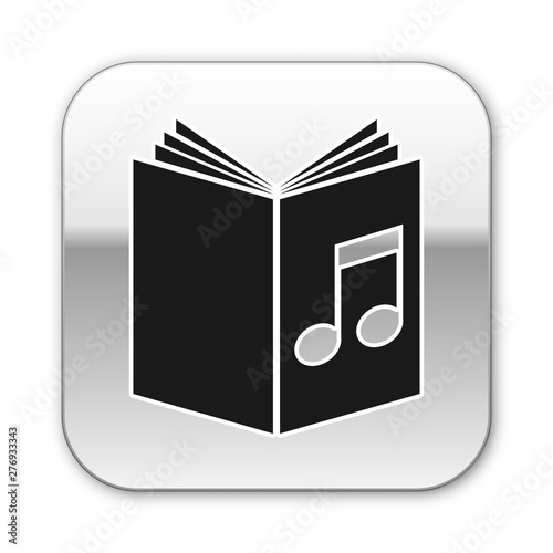 Black Audio book icon isolated on white background. Musical note with book. Audio guide sign. Online learning concept. Silver square button. Vector Illustration