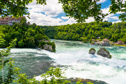 A beautiful waterfall on the river Rhine in the city Neuhausen am Rheinfall in northern Switzerland.