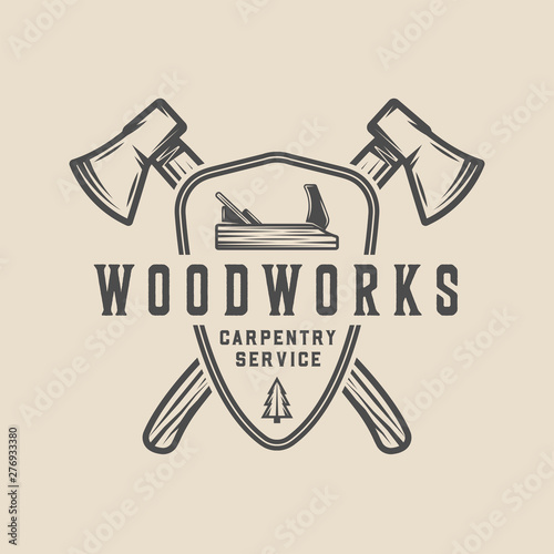 Vintage carpentry, woodwork and mechanic label, badge, emblem and logo. Vector illustration. Monochrome Graphic Art